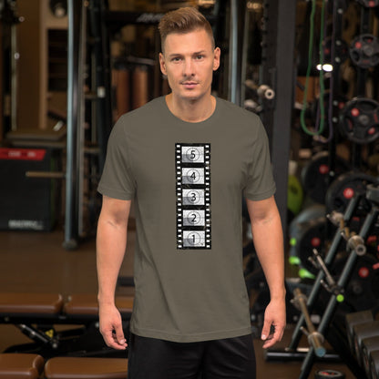Asphalt gray short-sleeve t-shirt with vertical film countdown strip graphic, crewneck.