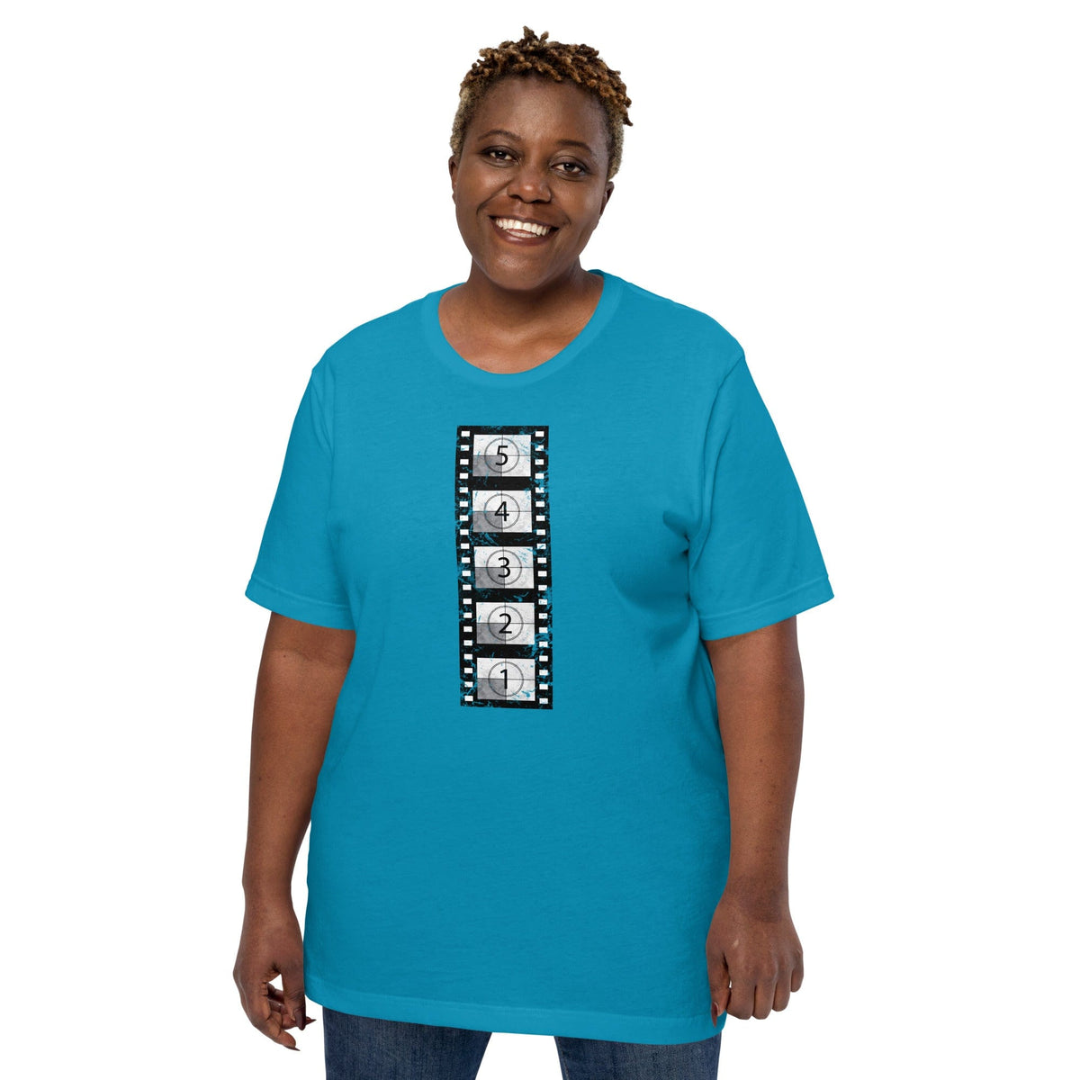 Aqua blue short-sleeve t-shirt with vertical film countdown strip graphic, crewneck.