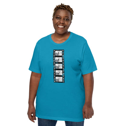 Aqua blue short-sleeve t-shirt with vertical film countdown strip graphic, crewneck.