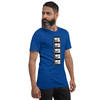 Blue short-sleeve t-shirt with vertical film countdown strip graphic, crewneck.