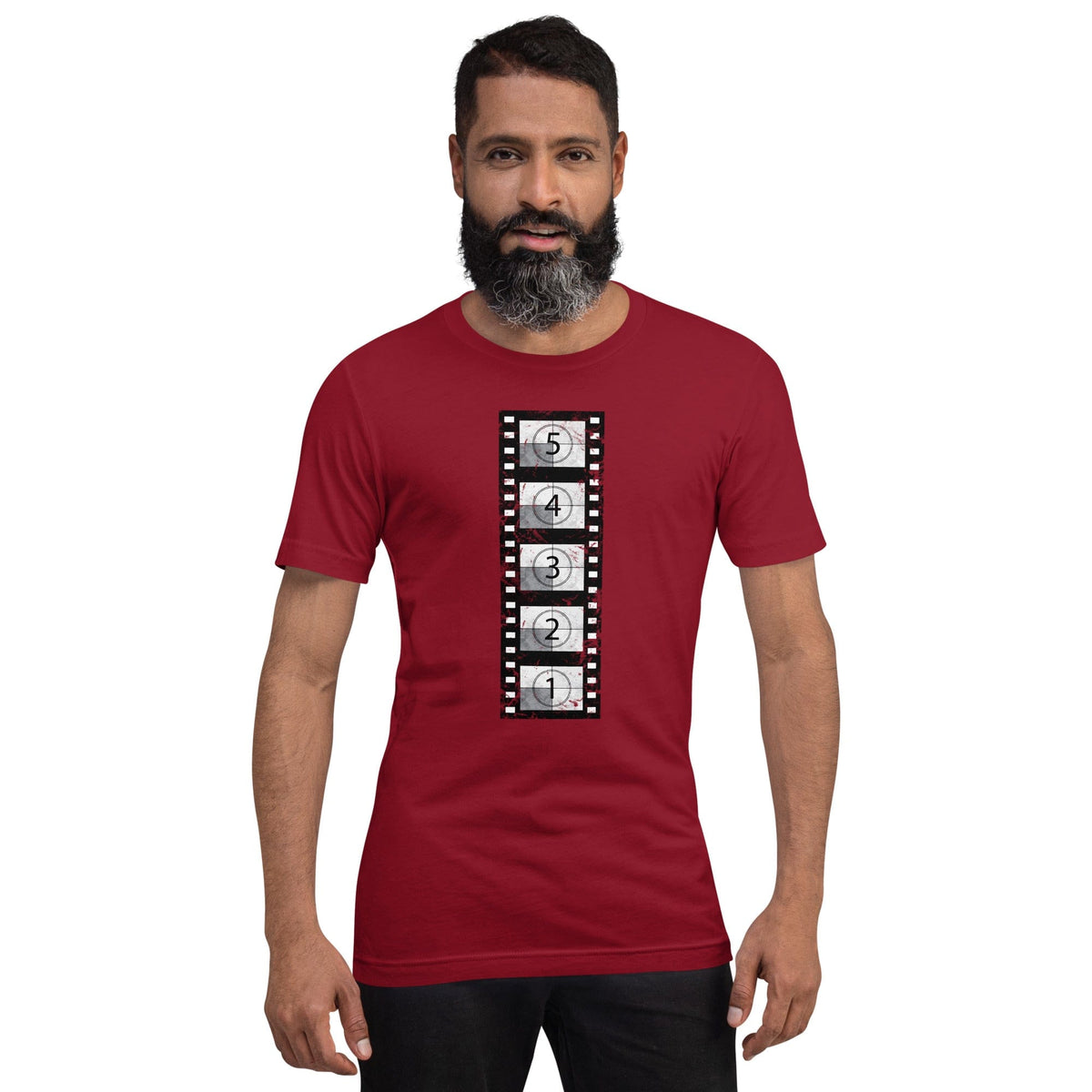 Cardinal red short-sleeve t-shirt with vertical film countdown strip graphic, crewneck.