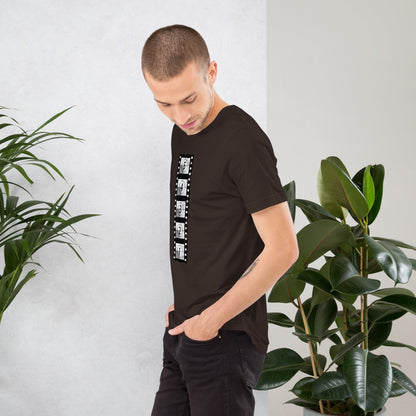 Black vintage film reel T-shirt with vertical clapperboard graphic print