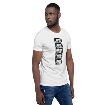White vintage film reel T-shirt with vertical clapperboard graphic print