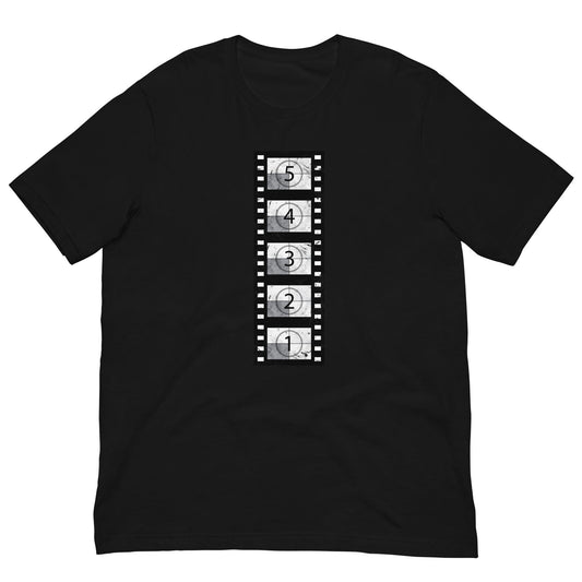 Black short-sleeve t-shirt with vertical film countdown strip graphic, crewneck.