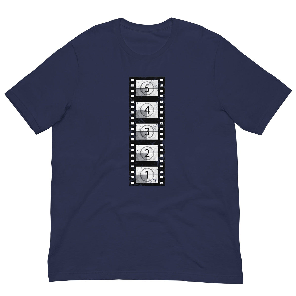 Navy vintage film reel T-shirt with vertical clapperboard graphic print