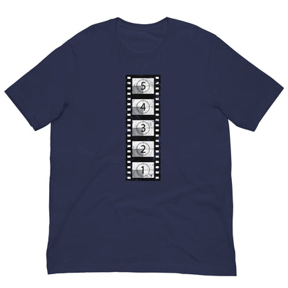 Navy vintage film reel T-shirt with vertical clapperboard graphic print