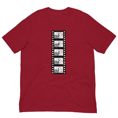 Cardinal red vintage film reel T-shirt with vertical clapperboard graphic print