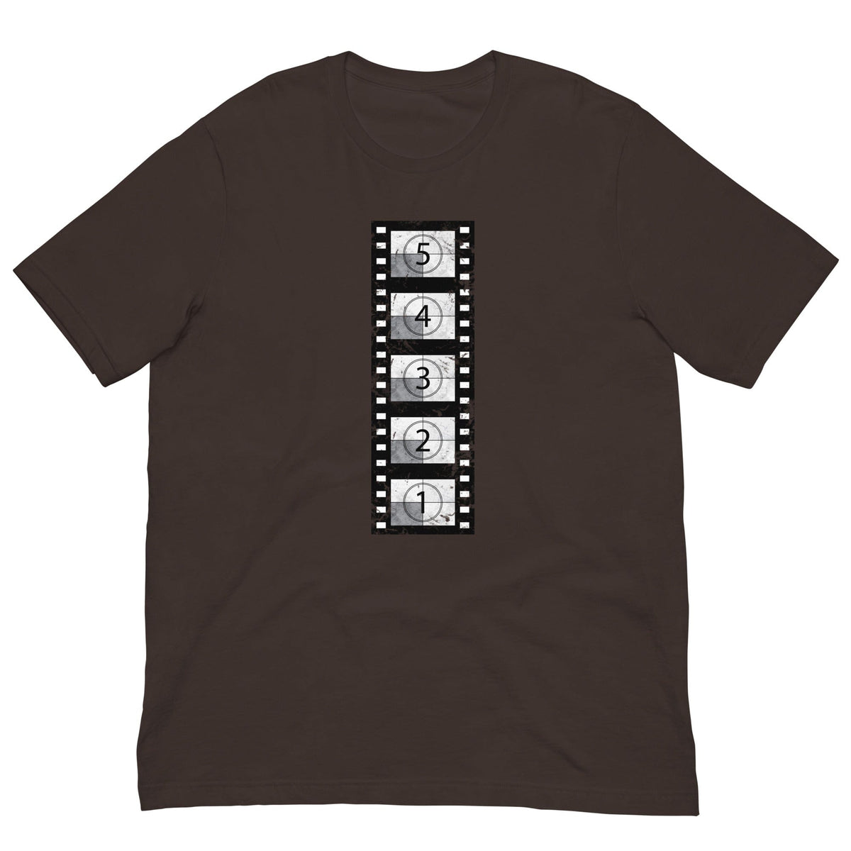 Brown vintage film reel T-shirt with vertical clapperboard graphic print