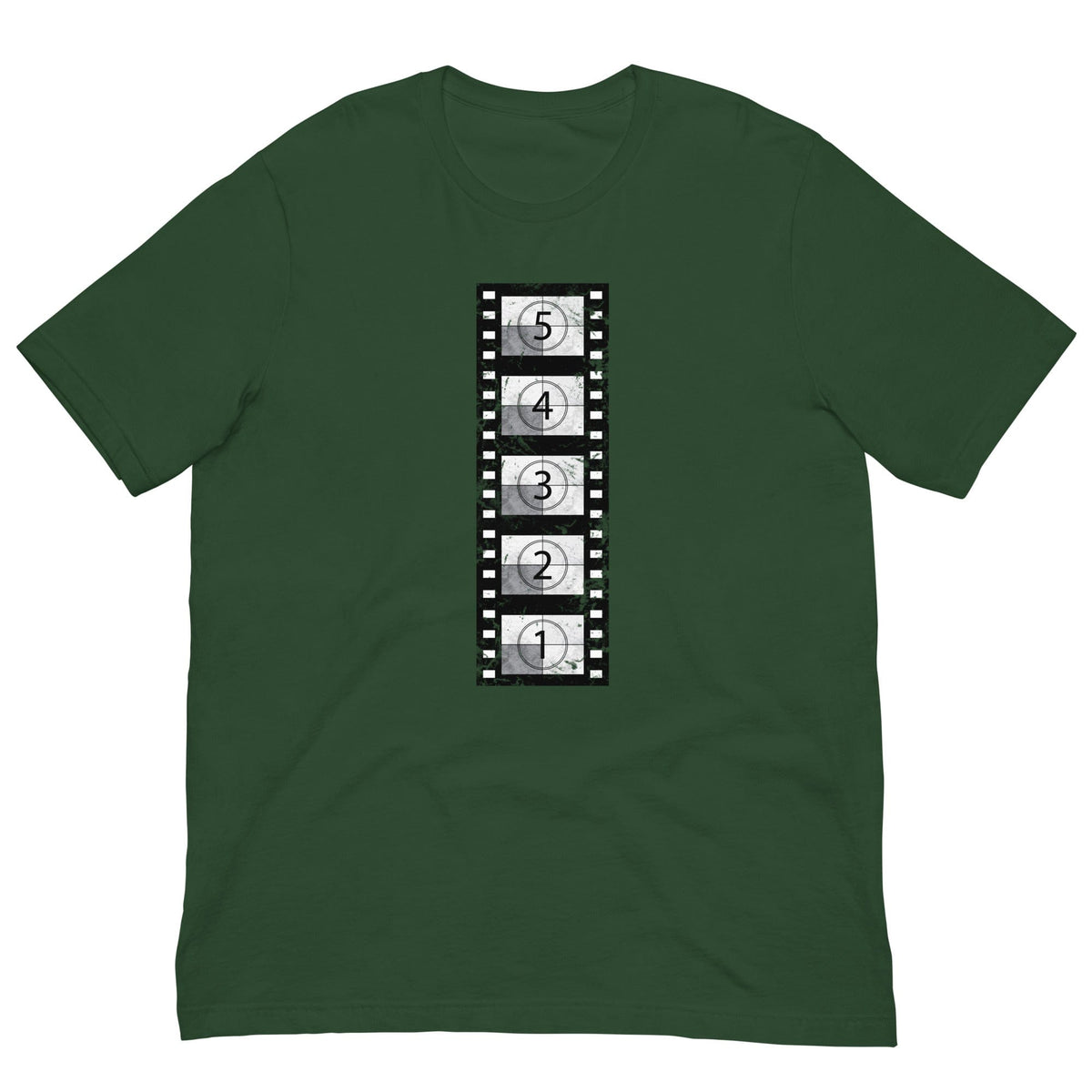 Forest green vintage film reel T-shirt with vertical clapperboard graphic print