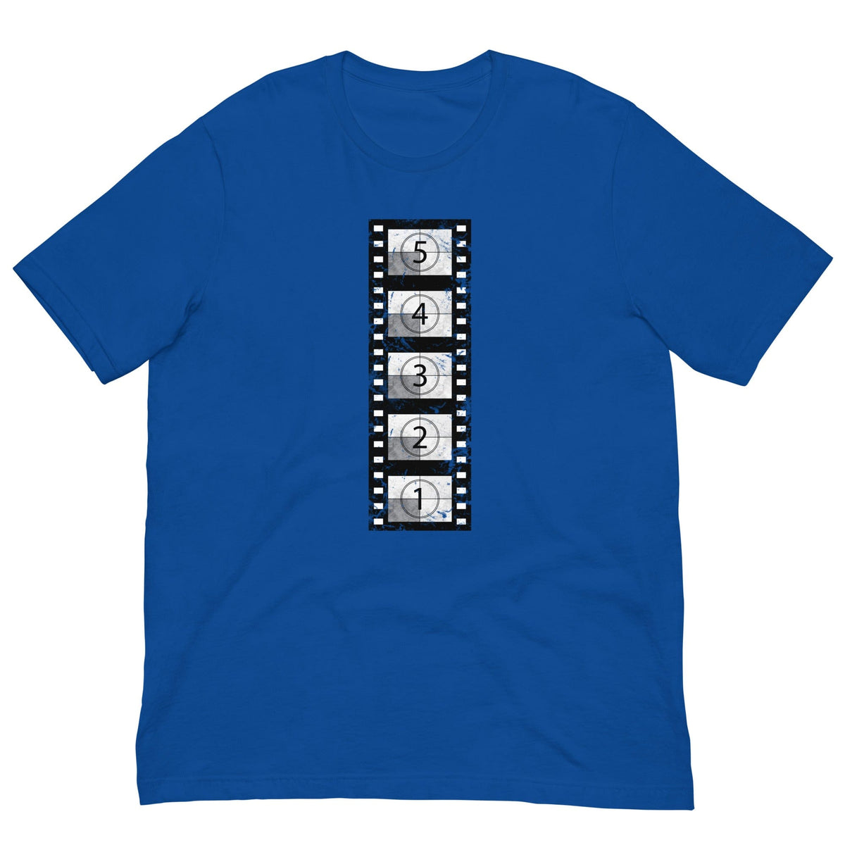 True blue vintage film reel T-shirt with vertical clapperboard graphic print