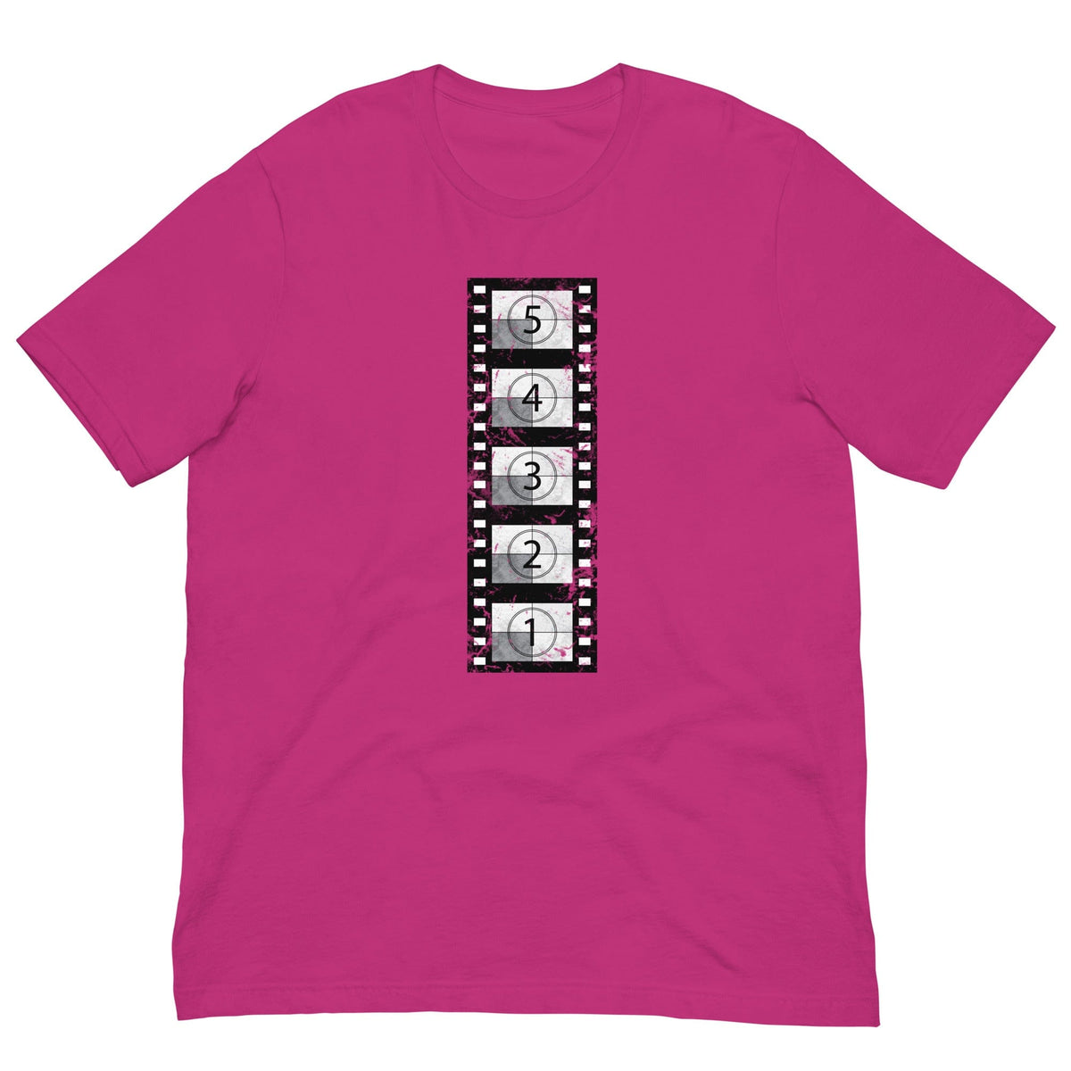 Pink T-shirt with vintage film reel graphic on front, crew neck short sleeves