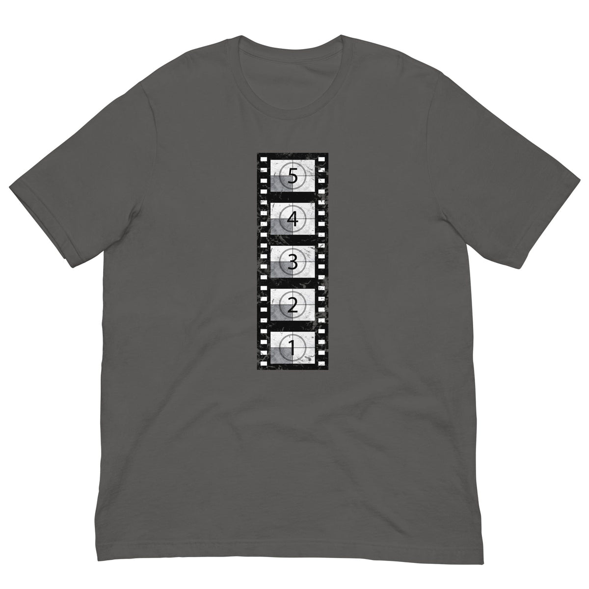 Asphalt gray vintage film reel T-shirt with vertical clapperboard graphic print