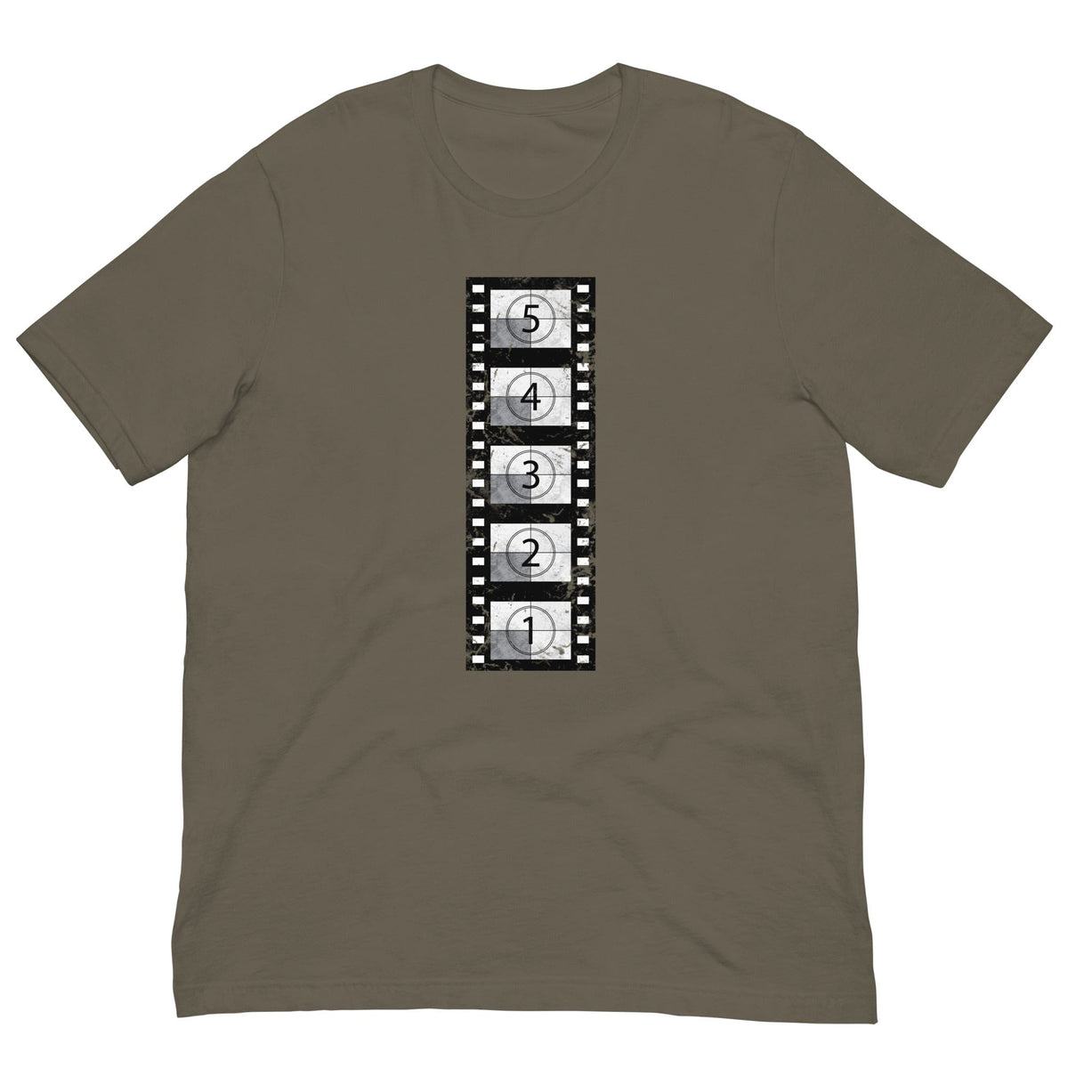 Olive T-shirt with vintage film reel graphic on front, crew neck short sleeves