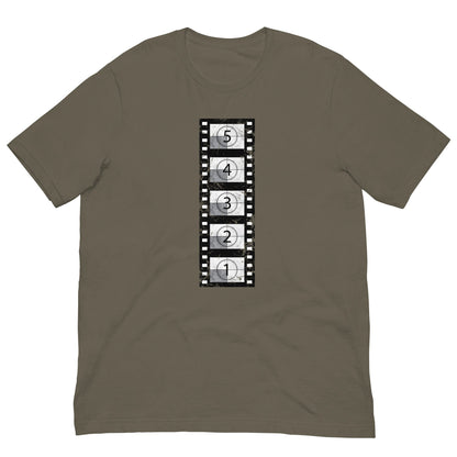 Olive T-shirt with vintage film reel graphic on front, crew neck short sleeves