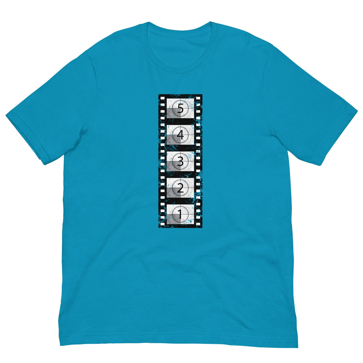 Teal T-shirt with vintage film reel graphic on front, crew neck short sleeves