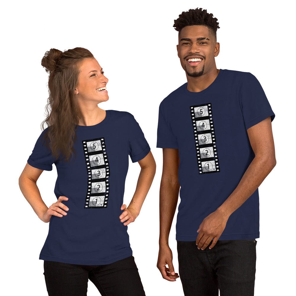 Navy short-sleeve t-shirt with vertical film countdown strip graphic, crewneck.