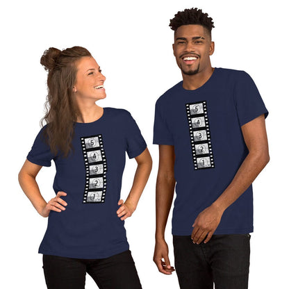 Navy short-sleeve t-shirt with vertical film countdown strip graphic, crewneck.