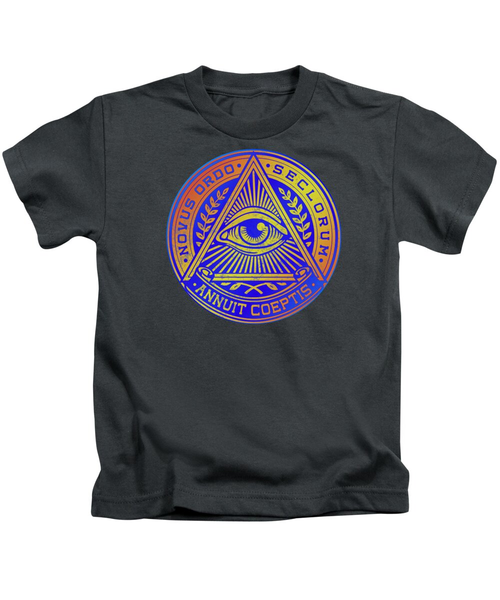 Kids T-shirt in charcoal gray with a colorful circular eye seal graphic on the chest.