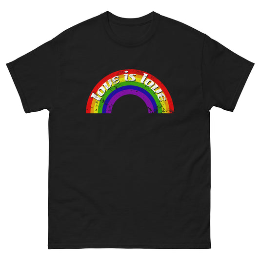 Black crewneck T-shirt with rainbow arch Love is Love print