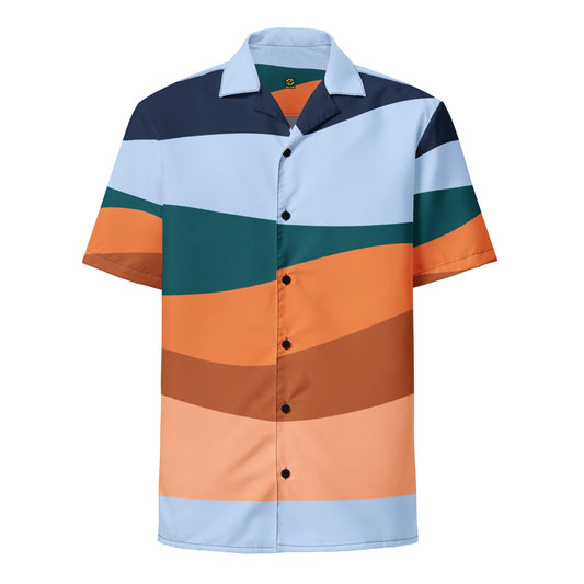 Color-block striped short-sleeve button-up shirt, light blue with teal and orange bands