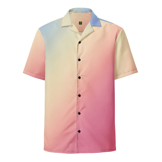 Color-block short-sleeve button-up shirt with point collar and black front buttons.