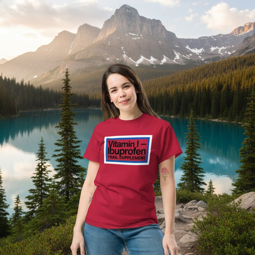 Cardinal red ibuprofen trail supplement t-shirt with front graphic logo