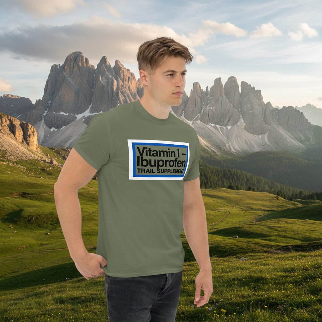Olive green ibuprofen trail supplement t-shirt with front graphic logo