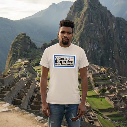 Natural off-white ibuprofen trail supplement t-shirt with front graphic logo