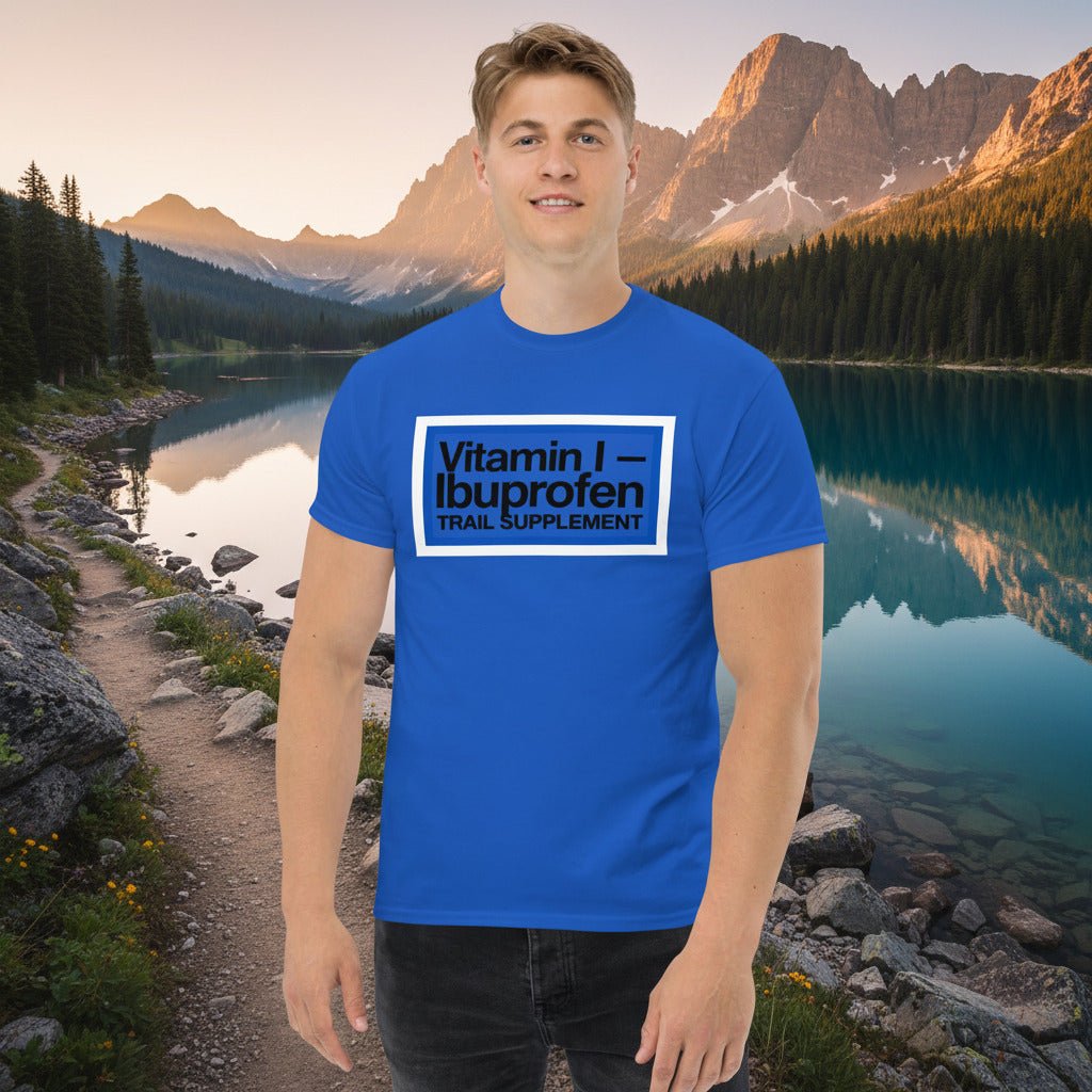 Blue ibuprofen trail supplement t-shirt with front graphic logo
