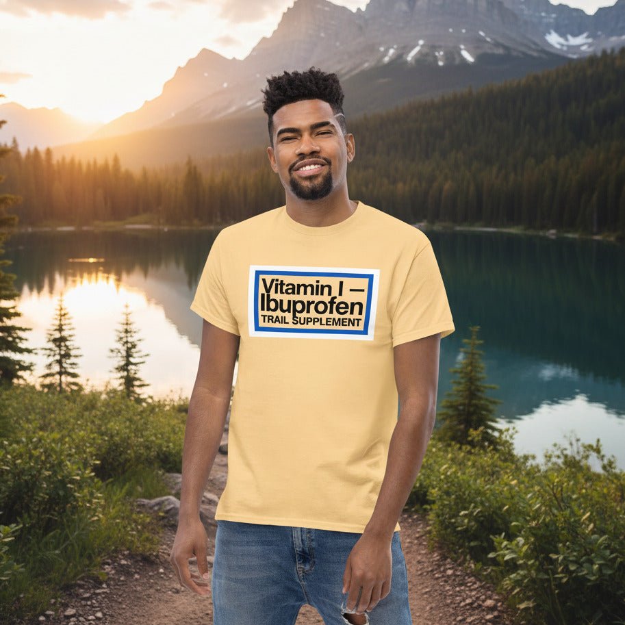 Tan yellow ibuprofen trail supplement t-shirt with front graphic logo