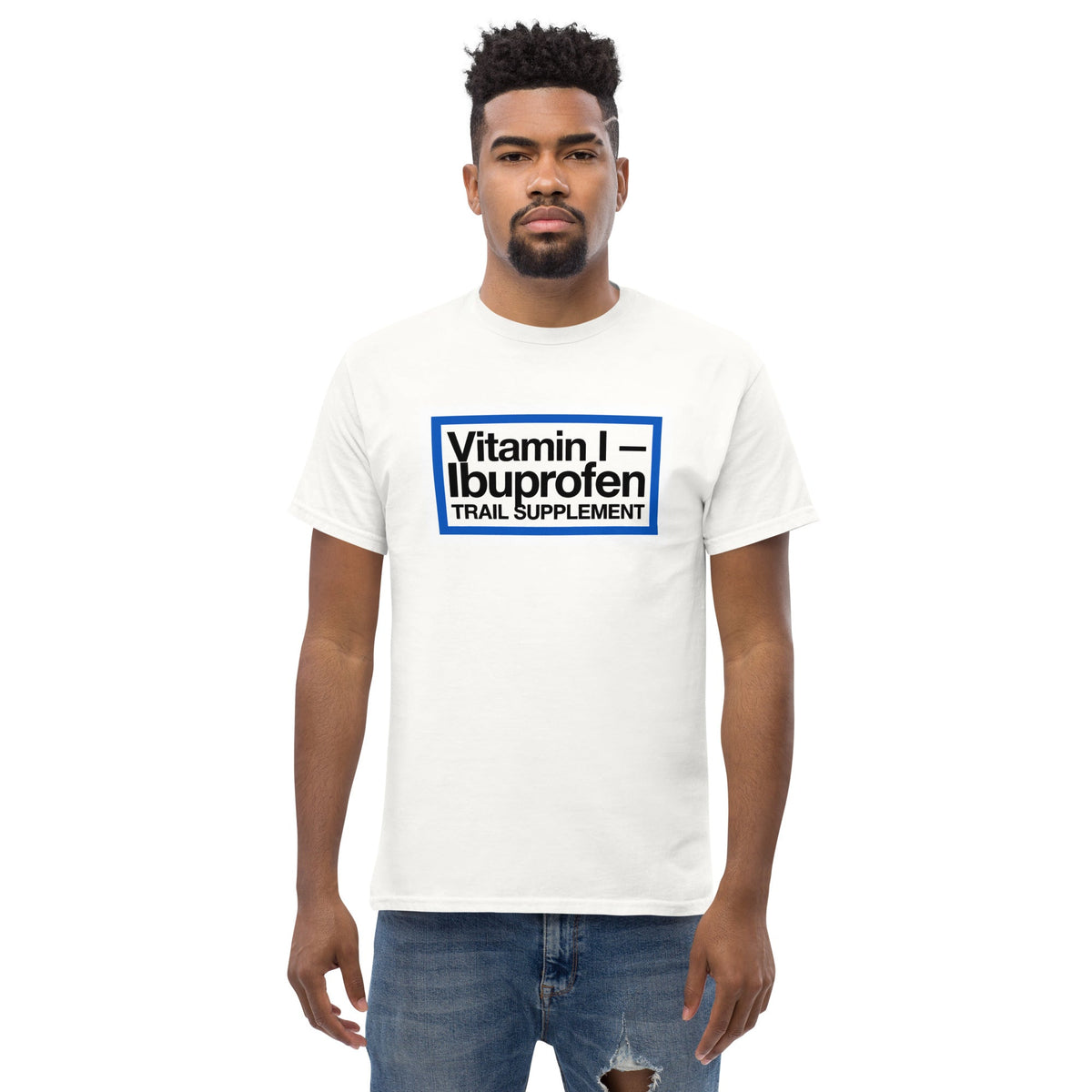 White ibuprofen trail supplement t-shirt with front graphic logo