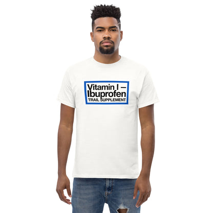 White ibuprofen trail supplement t-shirt with front graphic logo