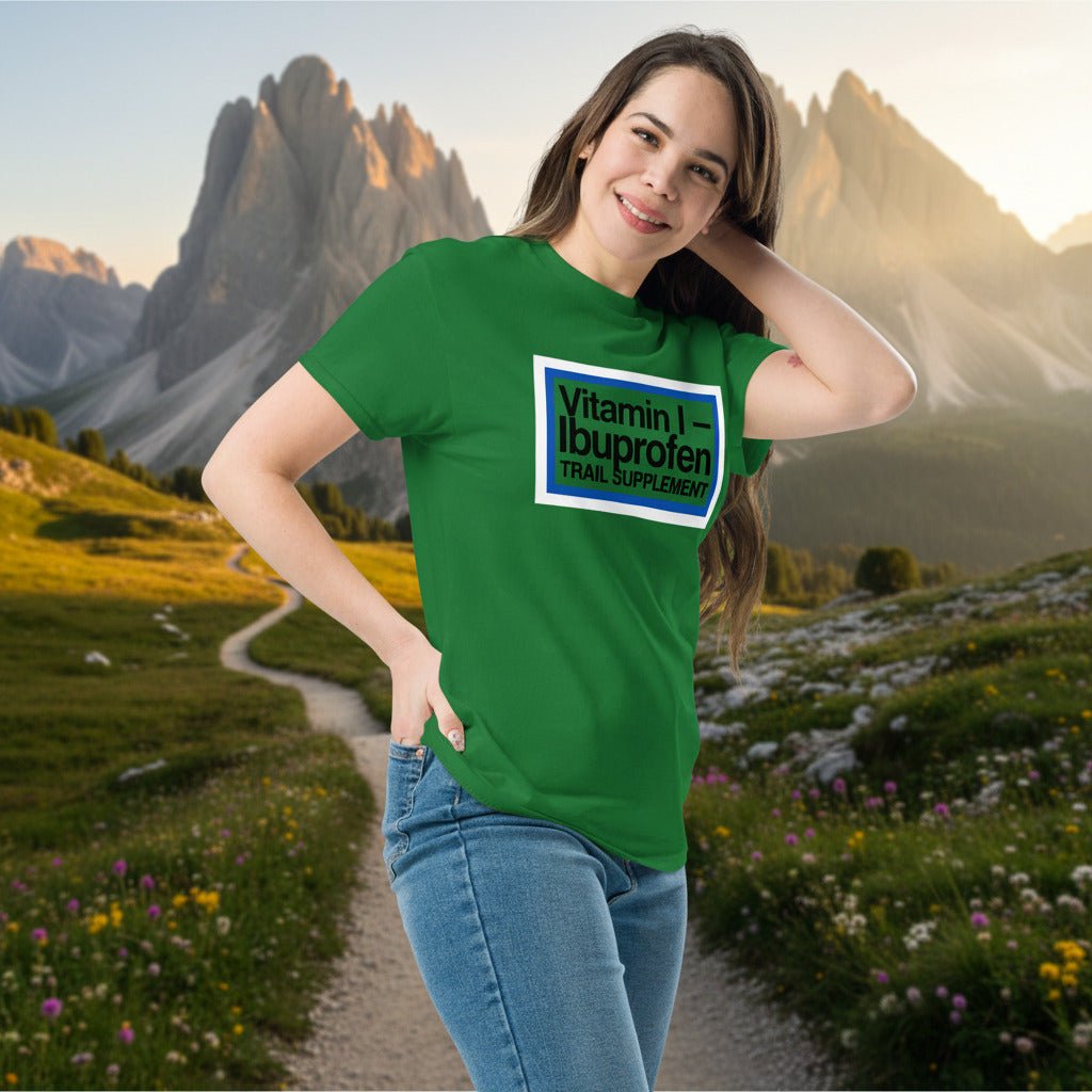 Green ibuprofen trail supplement t-shirt with front graphic logo