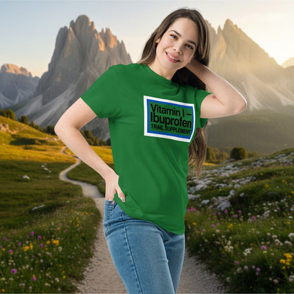 Green ibuprofen trail supplement t-shirt with front graphic logo