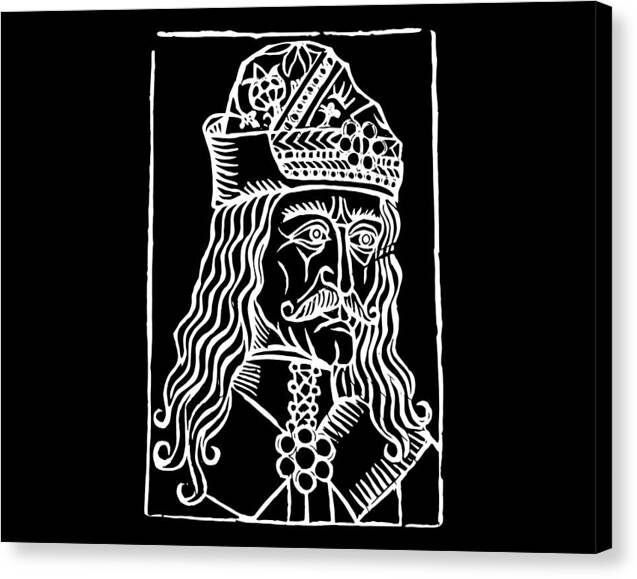 Black canvas print with white woodcut portrait of a crowned Dracula-style man