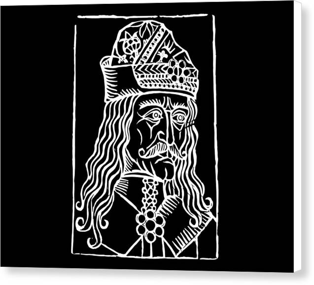 Black canvas print with a white woodcut illustration of a crowned bearded character