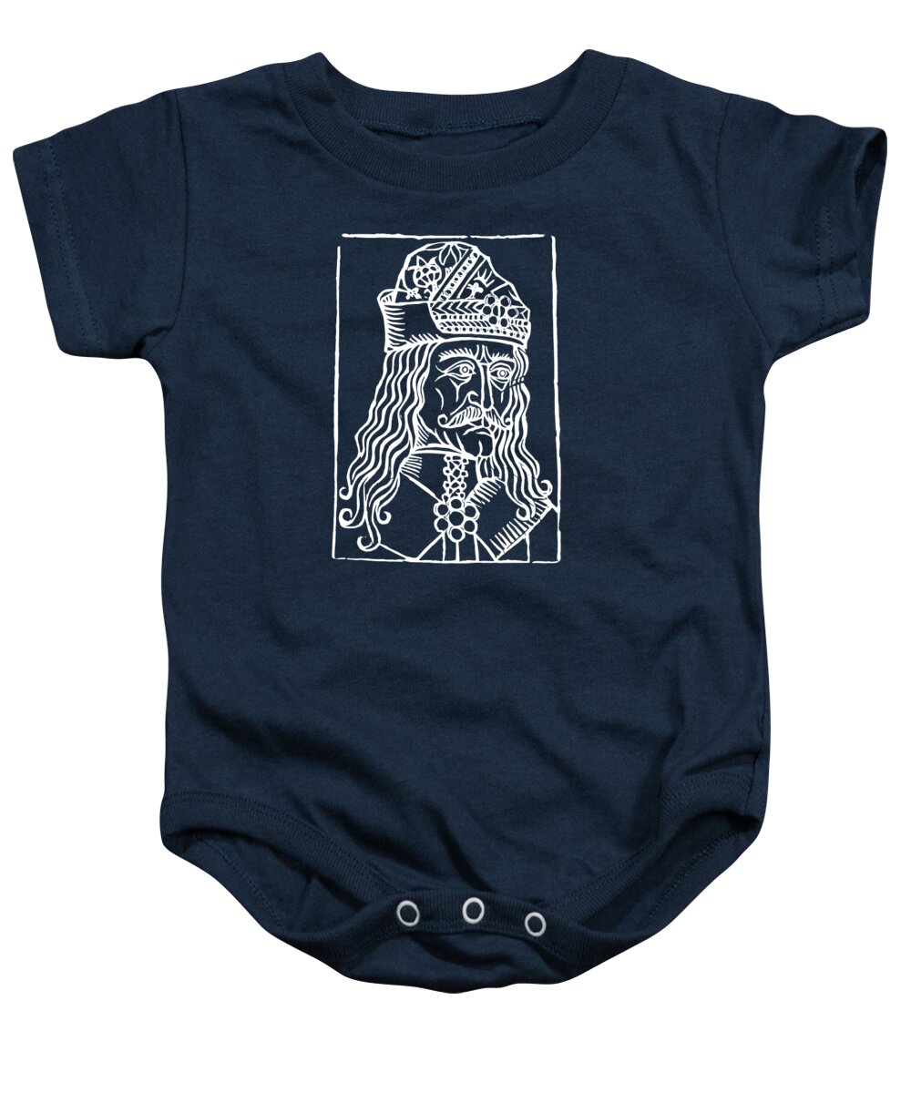 Indigo/dark blue baby onesie with white Dracula woodcut graphic; short sleeves; snap buttons.