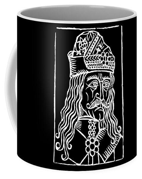 Black ceramic mug with white woodcut-style Dracula face and crown graphic on front