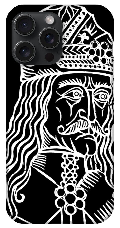 Phone case with black back and white woodcut Dracula face; camera cutouts visible.