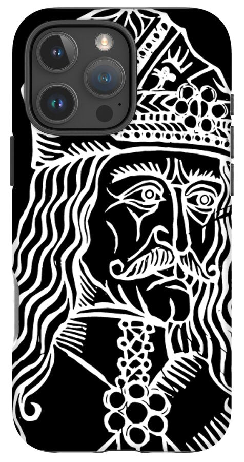 Phone case with black back featuring white woodcut Dracula portrait and decorative frame.