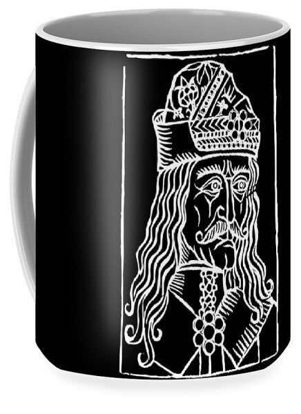 Black ceramic mug with centered white woodcut Dracula portrait and crown graphic