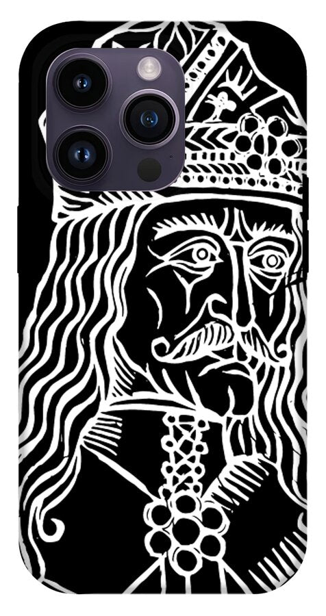 Gray phone case featuring a white woodcut Dracula face with intricate collar details