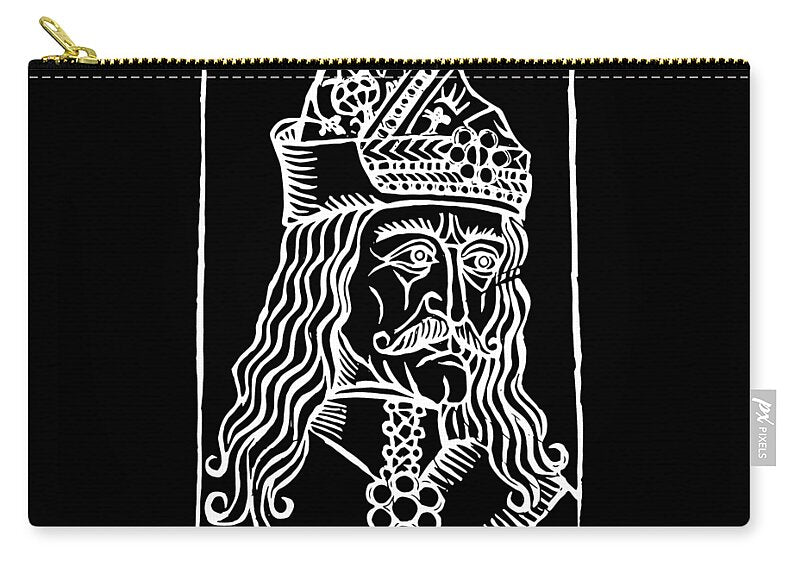 Black zip pouch with centered white woodcut portrait graphic and visible gold zipper