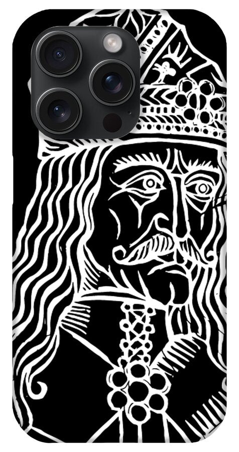 Phone case with black back and white woodcut Dracula face; circular camera cutouts shown.