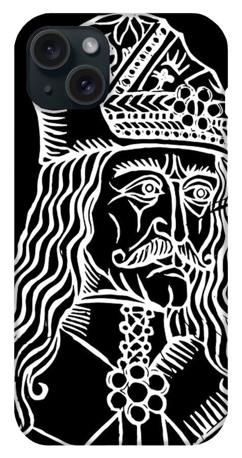 Phone case with black back; white woodcut Dracula face with ornate collar and eye details.