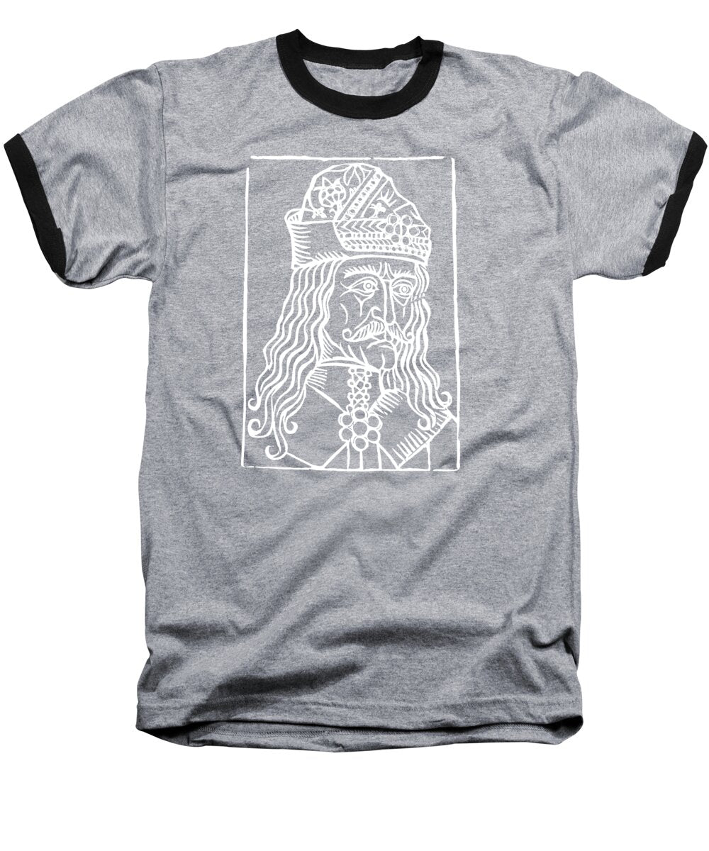 Baseball T-shirt in heather gray with black raglan sleeves, white woodcut graphic front