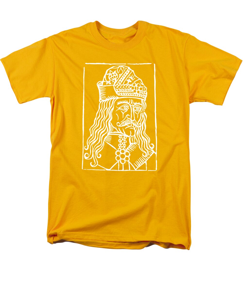 Men's yellow T-shirt with white rectangular Dracula woodcut graphic on chest