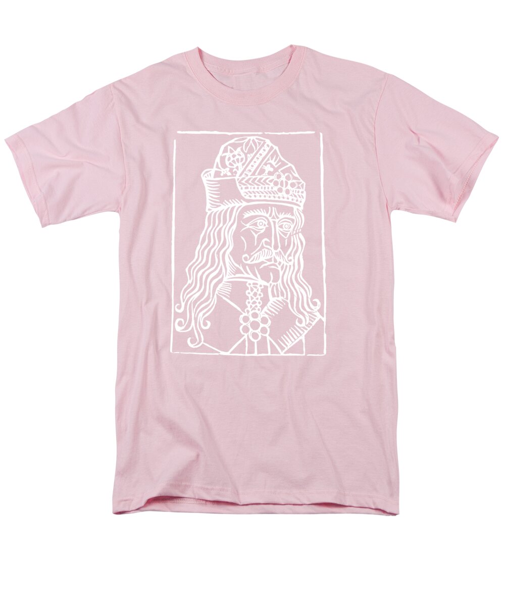 Men's graphic T-shirt in light pink with white woodcut-style Dracula portrait print