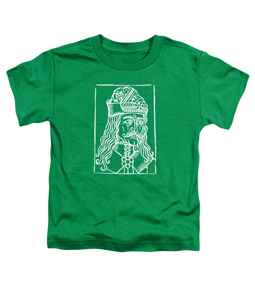 Toddler green t-shirt with white square woodcut-style Dracula face graphic