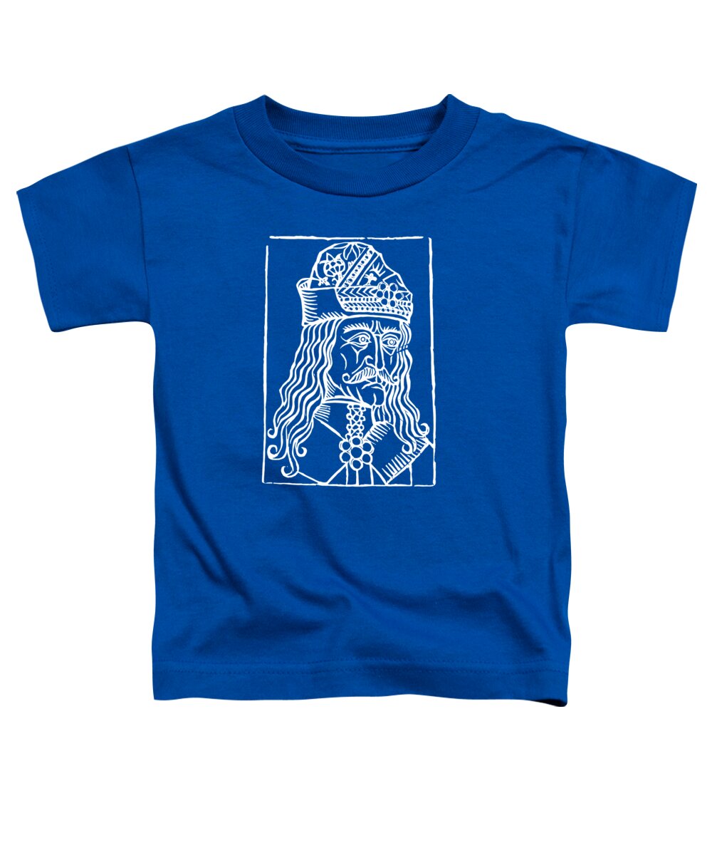 Toddler T-shirt in royal blue with white woodcut-style Dracula portrait in square